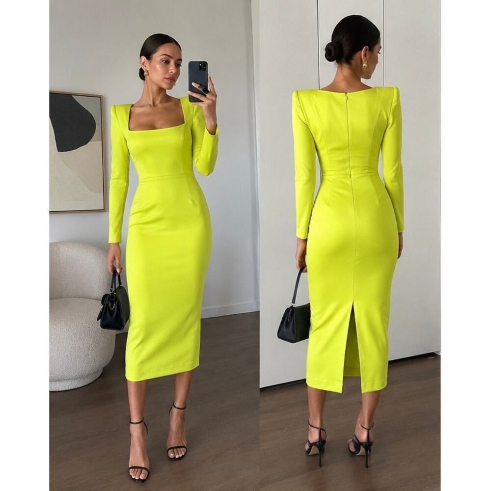 Alex Perry Manor Strong Shoulder Midi dress Acid UK8/US4